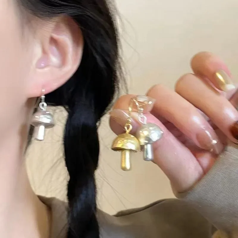 Golden Silver Color Mushroom Hanging Down Earrings For Women Minimalist Earrings Jewelry Girls Exquisite Party Accessories