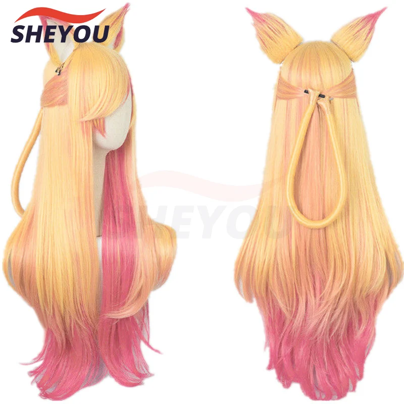 

LOL Ahri Gumiho Star Guardian Golden Pink Mixed Color Ombre Wavy Wave Long Heat Resistant Hair Cosplay Costume Wigs + Wig Cap