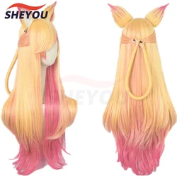 LOL Ahri Gumiho Star Guardian Golden Pink Mixed Color Ombre Wavy Wave Long Heat Resistant Hair Cosplay Costume Wigs + Wig Cap