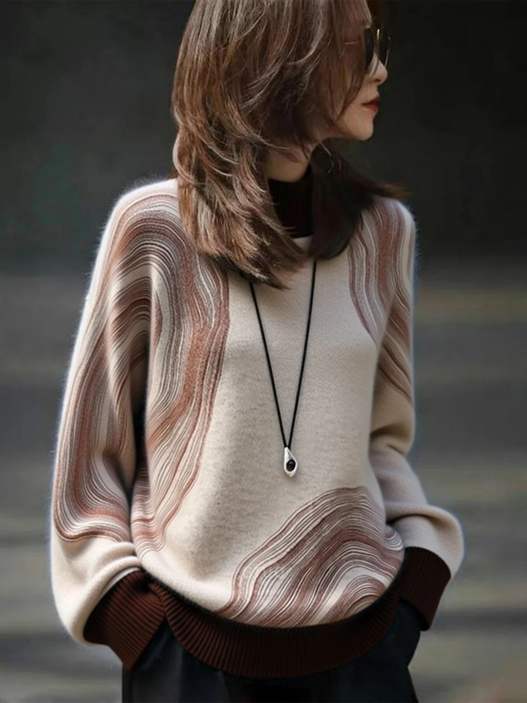 

Spring 2026 Loose Faionable Knitwear Casual Aosphere f High Collar Women's Clothing Commute Sle Long Sve Striped