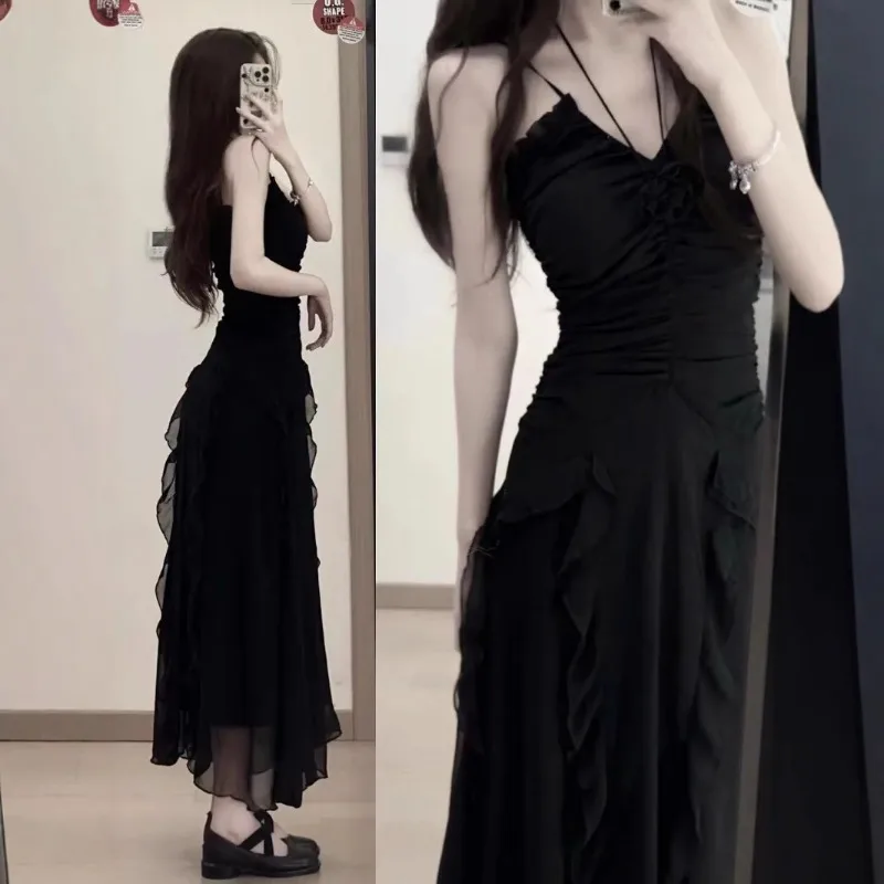 

Summer Black Sexy Dress Women Sleeveless Hollow Out Party Dress Fashion Lace-up Halter Bodycon Elegant Midi Dress Y2k Платье