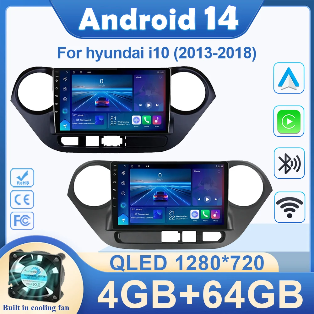 

Android 14 Автомобильный радиоприемник для hyundai i10 2013-2018 Мультимедийный плеер Видеоплеер Навигация GPS 4G Carplay Авто Стерео RDS 2 Din