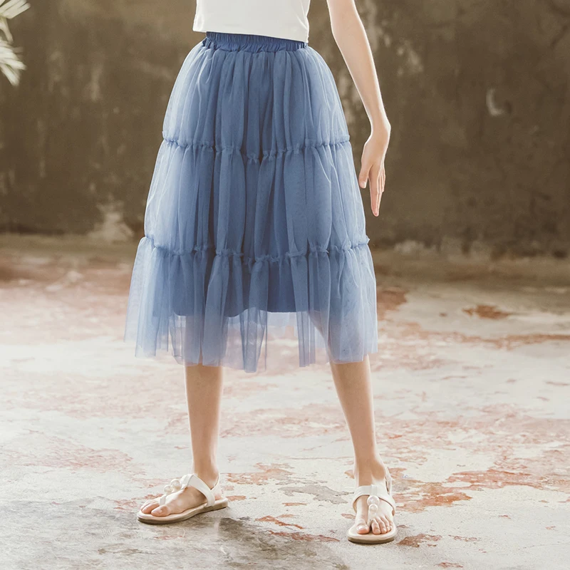 Elegant Children Blue Black Color Long Mesh Wrap Layered Skirt For Teens Girl Fashion A-line Skirt with Mesh Kids Age 5-14 Years