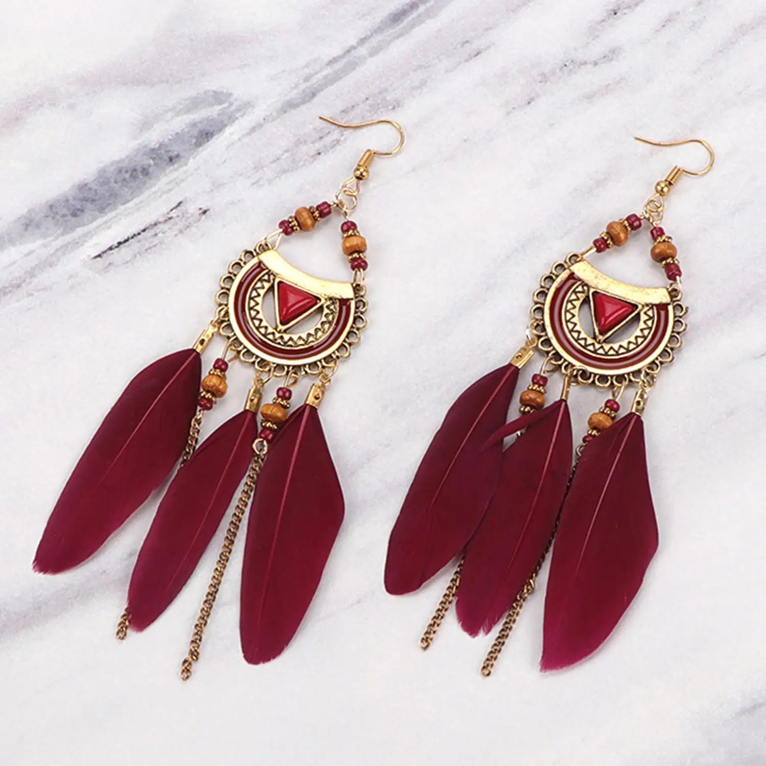 Bohemian Red Semicircle Long Feather Tassel Ladies Earrings Women Summer Indian Jewelry Natural Wood Beads Dangle Earrings