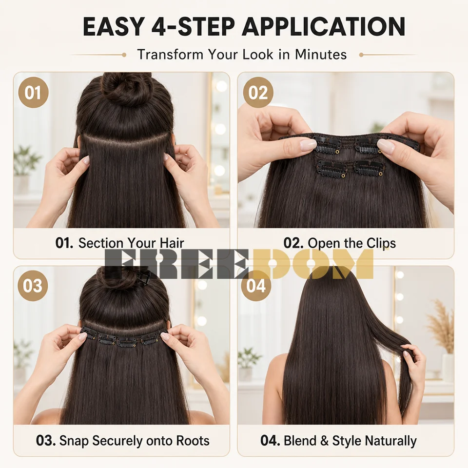FREEDOM Synthetische Clip-In-Haarverlängerungen, 7 Stück/Set, 18"-22" Zoll, lange, glatte, Ombré-braune und blonde Haarstücke für den täglichen Gebrauch von Frauen. – Detail 11