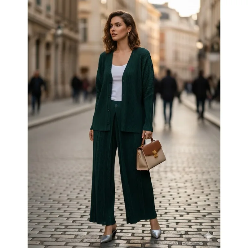 

Miyake Pleated Pants Suit 2026 Spring Fall New Thick Section Suit Pleated Cardigan + Casual Straight Pants Two-piece Loose Thin
