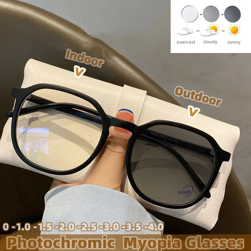 

New Style Photochromic Myopia Glasses Luxury Finished Prescription Eyewear Men Women Fashion Square Near Sight Eyeglasses