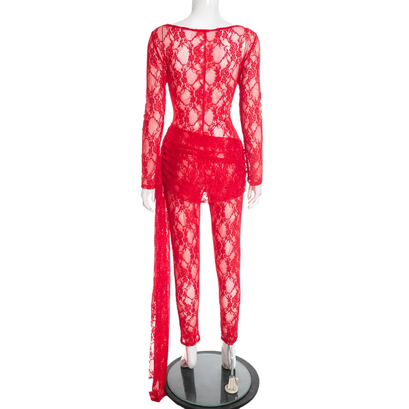 Vrouwen See Through Lace Jumpsuits Zijlint Sexy Diepe V-hals Lange Mouw Ruches Booty Lifting Night Clubwear Party Overalls