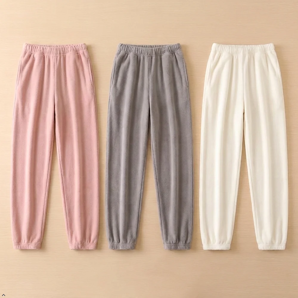 Women's Flannel Lounge Pajama Pants, Soft Warm Japanese‑Style Winter Sleep Bottoms, Simple Casual Loungewear Pants for Women