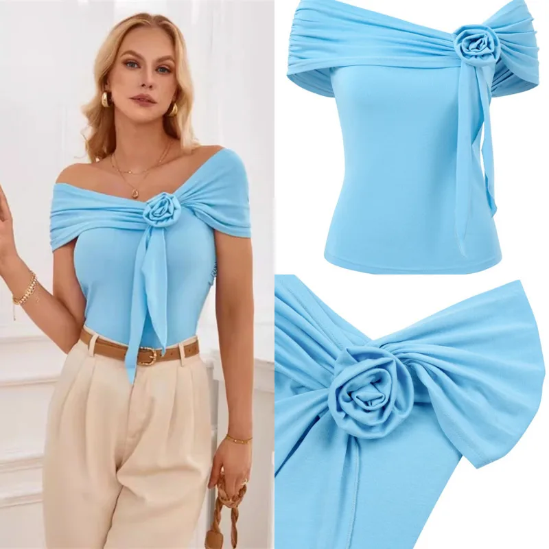 

Elegant Solid Color One Shoulder Cinched Top Rose Tie Decoration Short Sleeved T-shirt Fashionable Casual Women's Pleated Tops