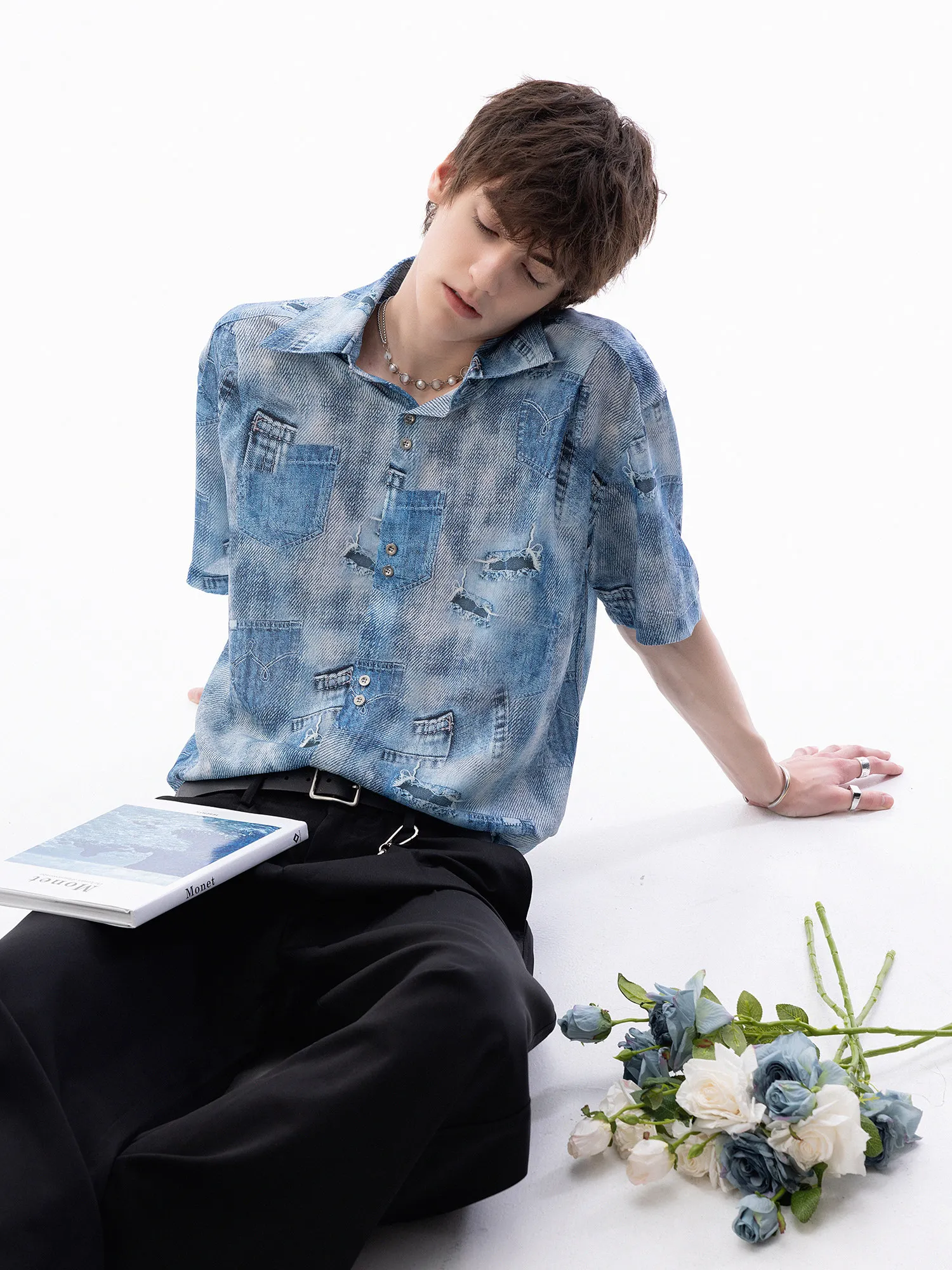 Men's Denim Print Mesh Sheer Short Sleeve Shirt Casual Loose Button Down Streetwear See-Through Blue Blouse for Summer