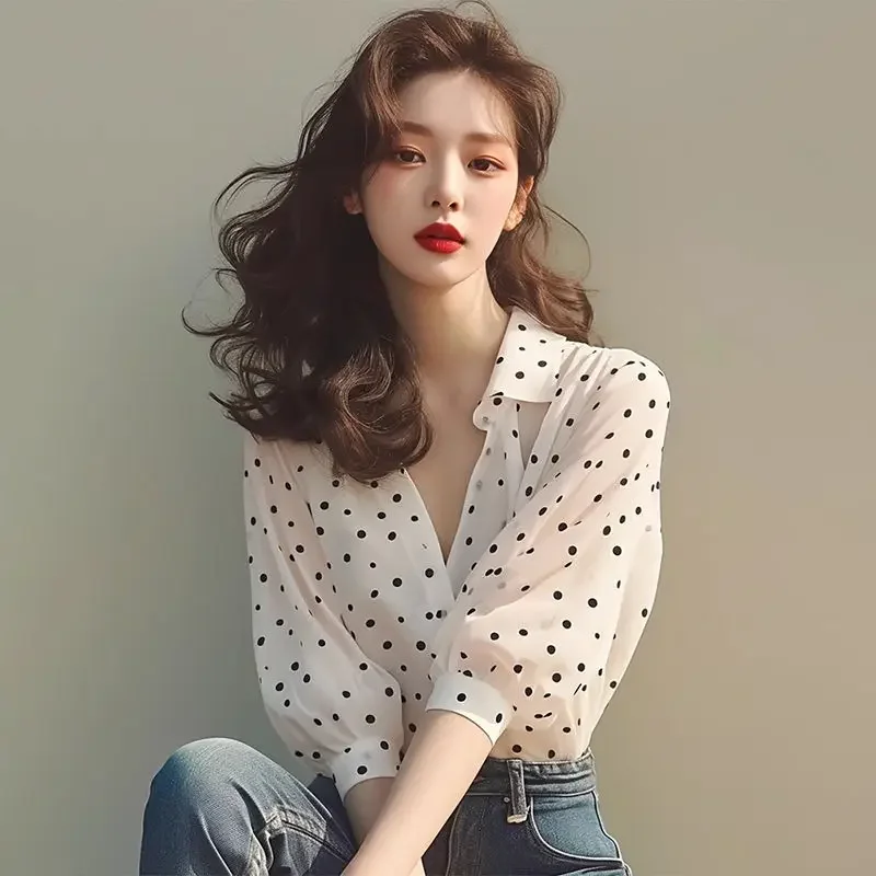 

V Neck With Print Women's Shirt And Blouse Dots Female Tops Chiffon Youthful Elegant Fashion 2024 Offer Premium Streetwear