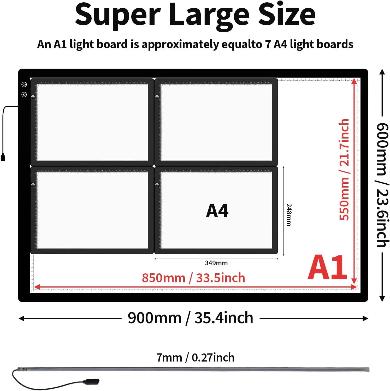 Almofada de luz grande A1 para pintura diamante, caixa de luz LED com 3 modos de cor e brilho ajustável, alimentada por bateria