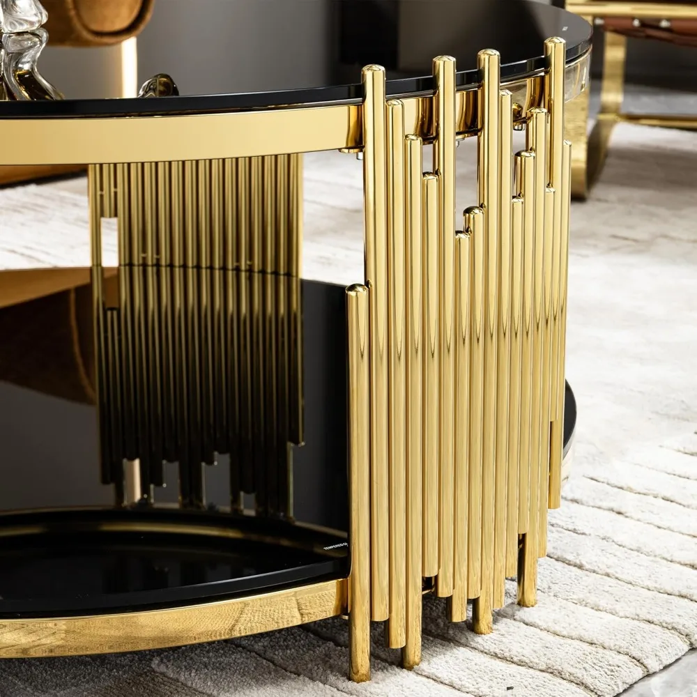 طاولة قهوة زجاجية مستديرة مقاس 36 بوصة طاولة غرفة معيشة سوداء فاخرة حديثة، طاولة كوكتيل بأرجل غير منتظمة من الفولاذ المقاوم للصدأ باللون الذهبي