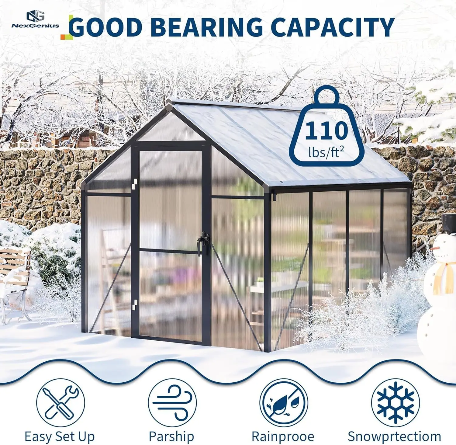 

Теплица 6x8 футов для улицы, поликарбонатная теплица с вентиляционным люком, колышками для крепления к земле, запираемой откидной дверью, алюминиевая, большая, с возможностью входа.