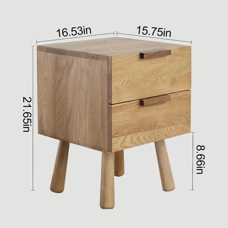 home.Solid Oak Wood Nightstand with 2 Drawers,Wooden Small Side Table with Storage for Bedroom Living Room, Single, Natural Wood