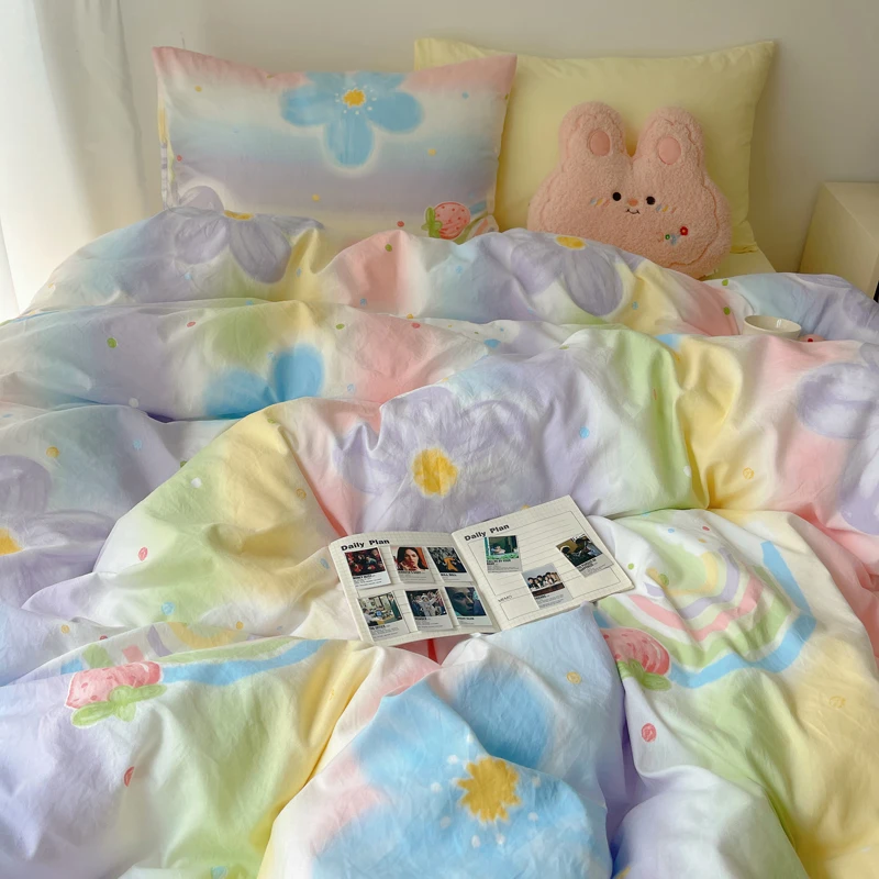 Korean Style Cute Bedding Set For Girls Bed Linen New Skin Friendly Fresh Flora Printed Washed Cotton Duvet Cover Set