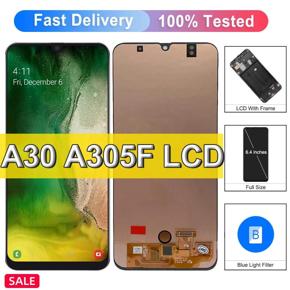 

6.4" Super AMOLED For Samsung Galaxy A30 LCD Display Touch Screen, For Galaxy A30 A305F A305FN LCD Display Replace, with Frame