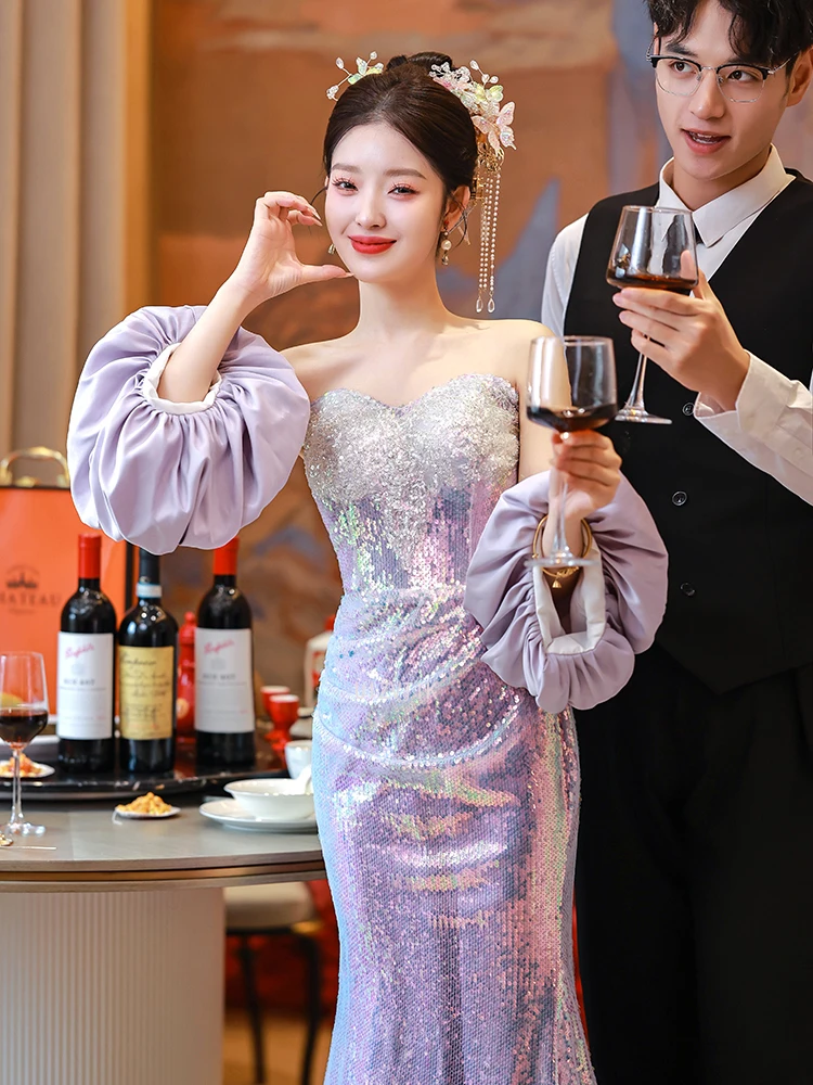 스팽글 인어 긴 이브닝 드레스 여성 우아한 오프 숄더 퍼프 슬리브 백리스 웨딩 파티 드레스 Vestidos De Noche