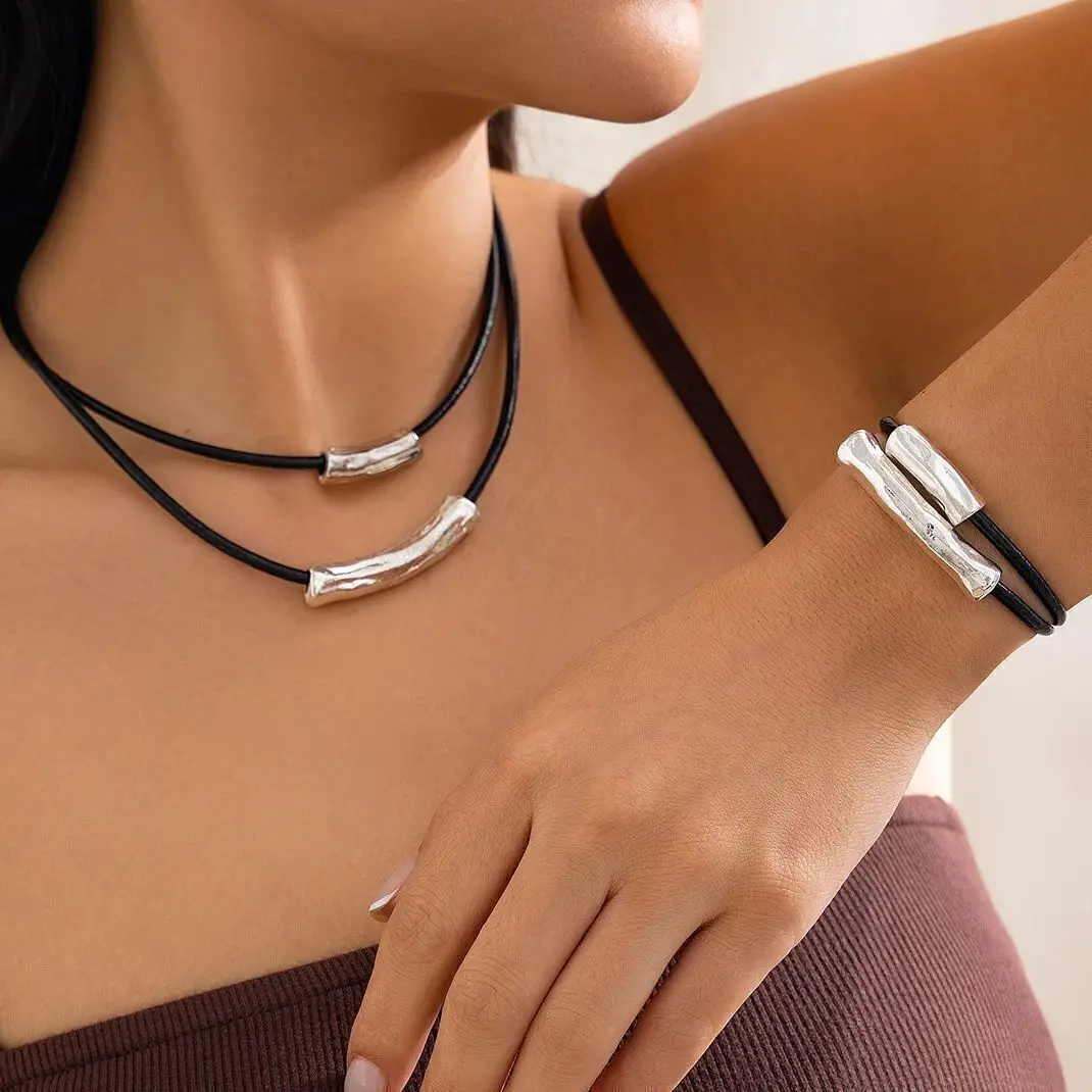 KunJoe Vintage Multi Layer Leather Wax Thread Rope Chain Necklace Bracelet Jewelry Set Women Simple Geometric Round Tube Choker