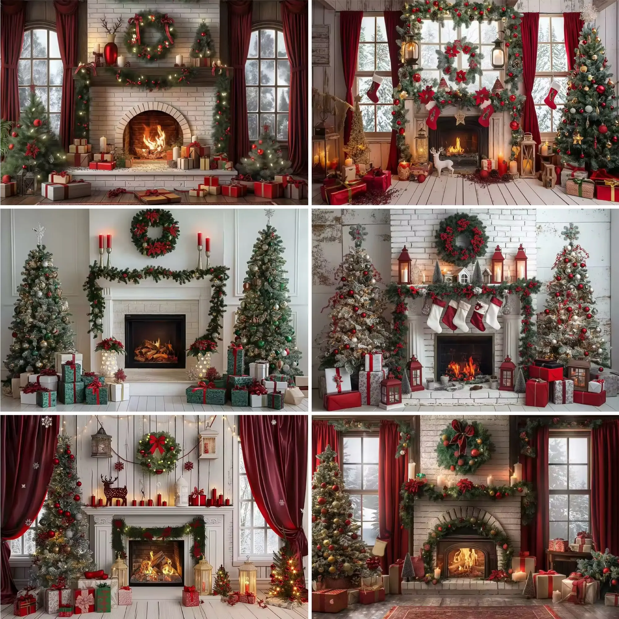 

Winter Christmas White Fireplace Theme Christmas Wreath Gift Toy Christmas Tree Children Portrait Gathering Photo Background