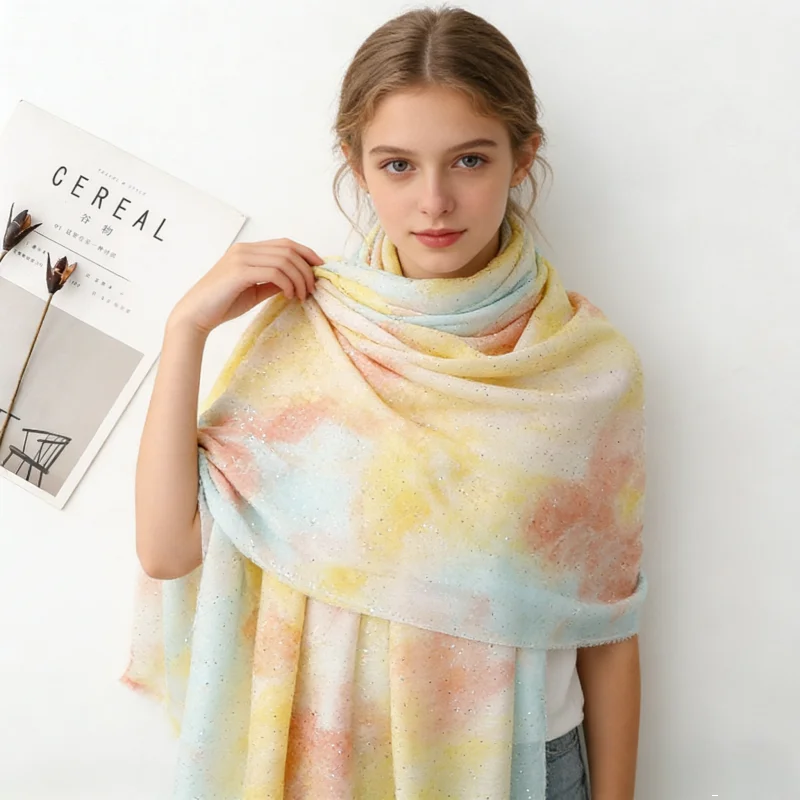 Modischer Ombre Tuschmalerei-Schimmer Fransen Baumwoll-Viskose Schal Hochwertiger Damen-Wickelschal Pashmina Stola Bufandas Muslimischer Hijab