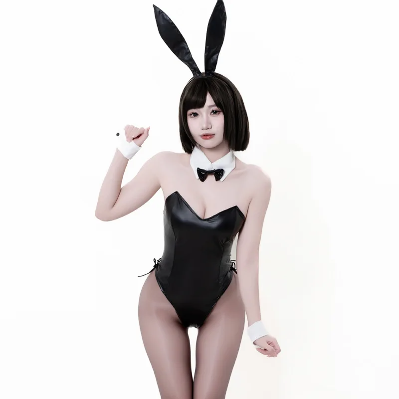 Bunny Girl Kostüm Damen Sexy Cosplay Dessous PU Kunstleder Bodysuit mit Kopfband Set Kawaii Hasen-Anzug Uniform