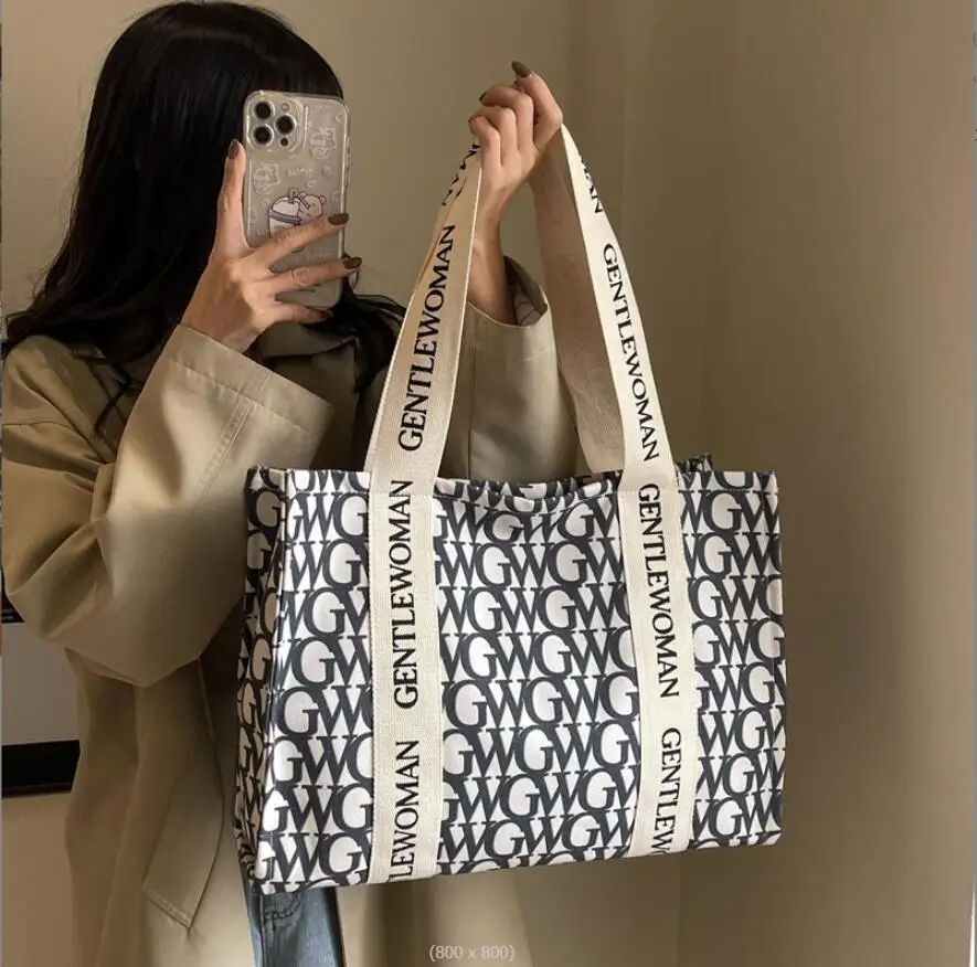 

2024 New Woman Bag Casual Canvas Large Capacity Letter Shoulder Bag Commuting Fashion Tote Bag Shopping Bag