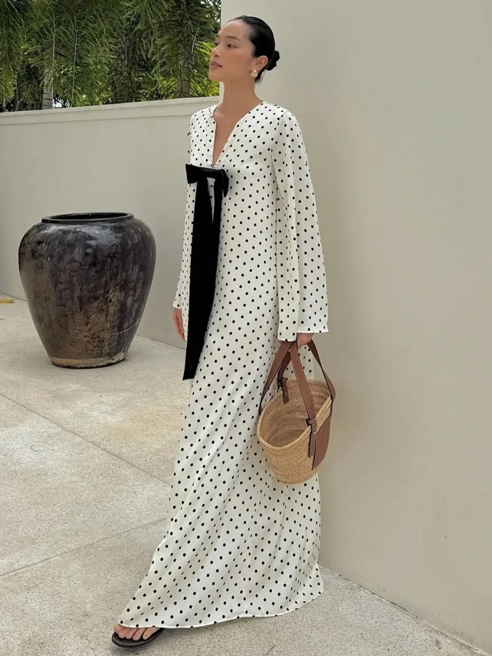 

Fashion Loose Print Women's Dress 2025 Sexy V-Neck Long Sleeve Maxi Dresses Elegant Classic Bow Dress Female Clothing