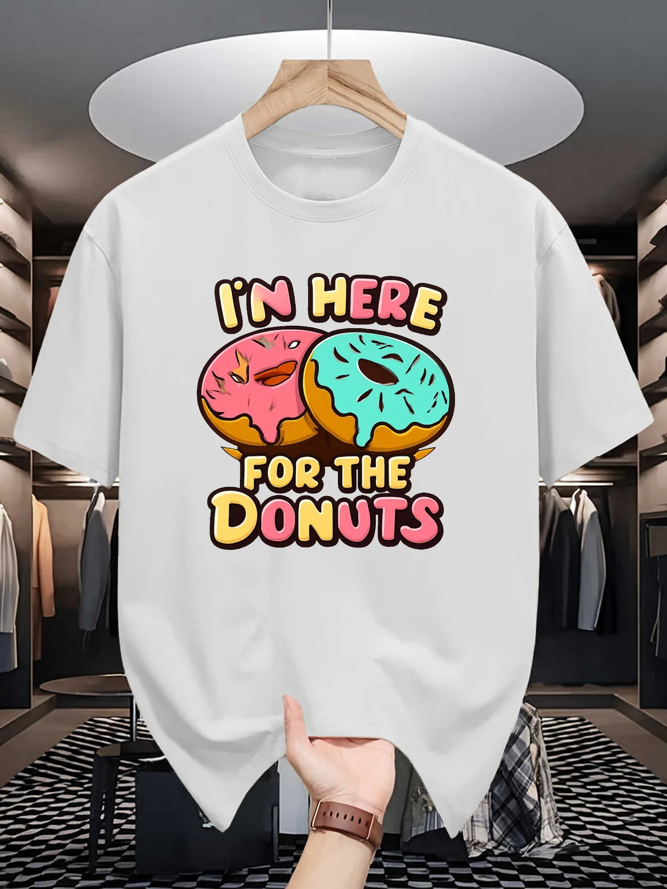 I M Here For The Donuts Print Mens Crew Neck T Shirt Colorful Doughnut Cartoon Graphic Short Sleeve Casual Cotton Summer Tees