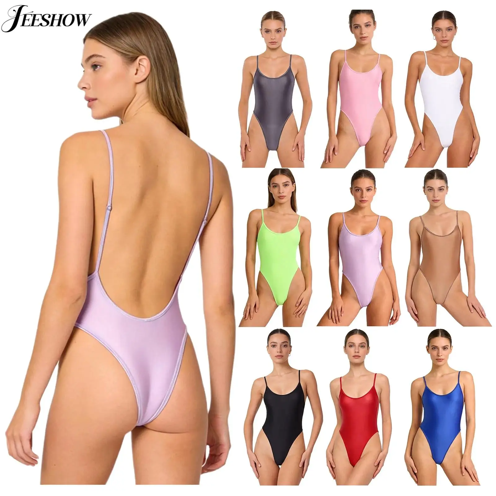 One Piece Swimsuit for Women Oil Shiny Glossy Spaghetti Straps Backless High Cut Monokini Tummy Control Bathing Suit Swimwear