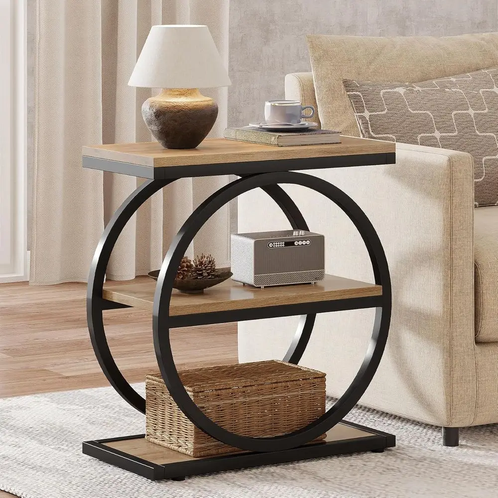 

Industrial Style 3-Tier Metal End Table for Living Room, Engineered Wood Nightstand in Oak for Bedroom