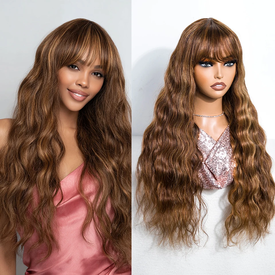 

Highlight Brown Body Wave Bangs Wig Human Hair Wigs 180% Density Brazilian Virgin Human Hair Glueless Wear And Go Body Wave Wigs
