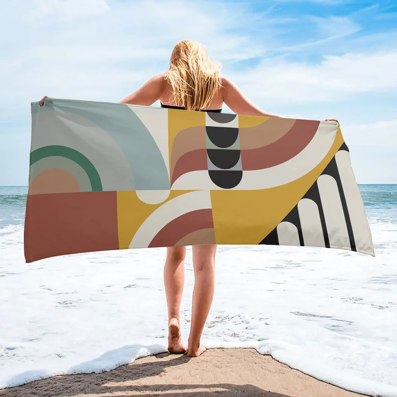 Retro Mid Century Abstract Pattern Beach Towel Quick Dry Microfiber Towel Beach Blanket for Adults Kids Outdoor Picnic Blanket