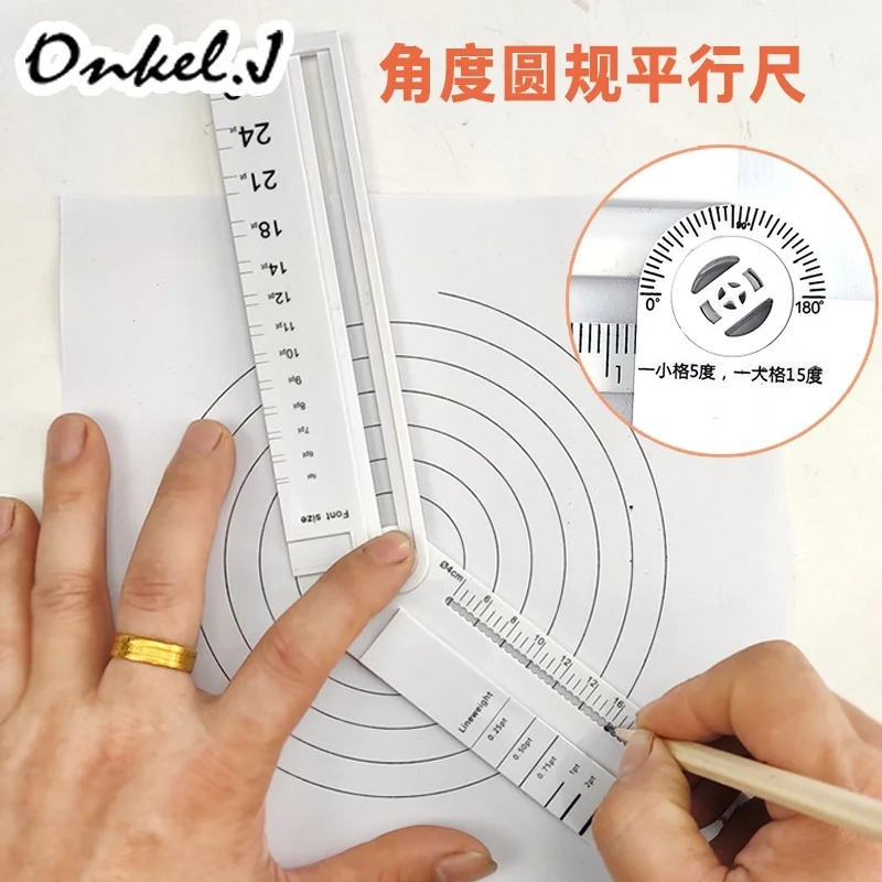 

Multifunctional ruler can replace straightedge, protractor, compass, draw arcs and parallel lines, measure line thickness and fo