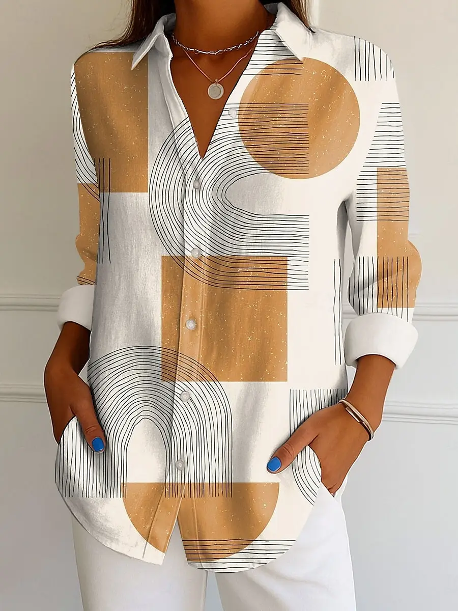 

Women's Shirt Graphic Geometric Vintage Tropical Daily Long Sleeve Shirt Collar Regular Tops Work Daily Buttons Printed Fall