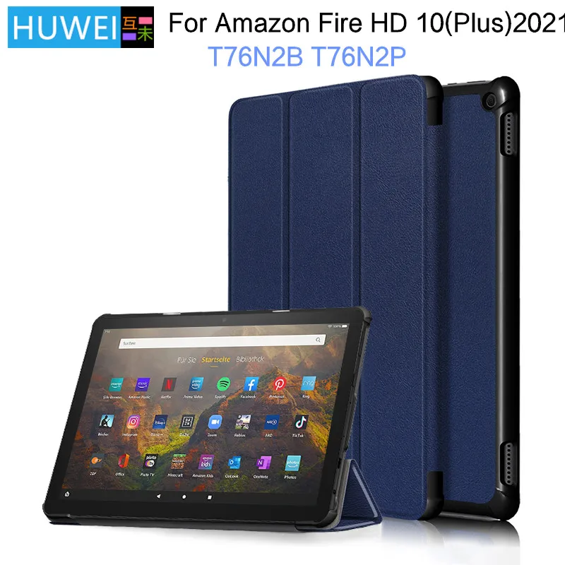 HUWEI Smart Case For Amazon Kindle Fire HD 10 HD10 Plus 2021 10.1'' Tablet PU Leather Tri-folding Stand Cover T76N2B T76N2P Case