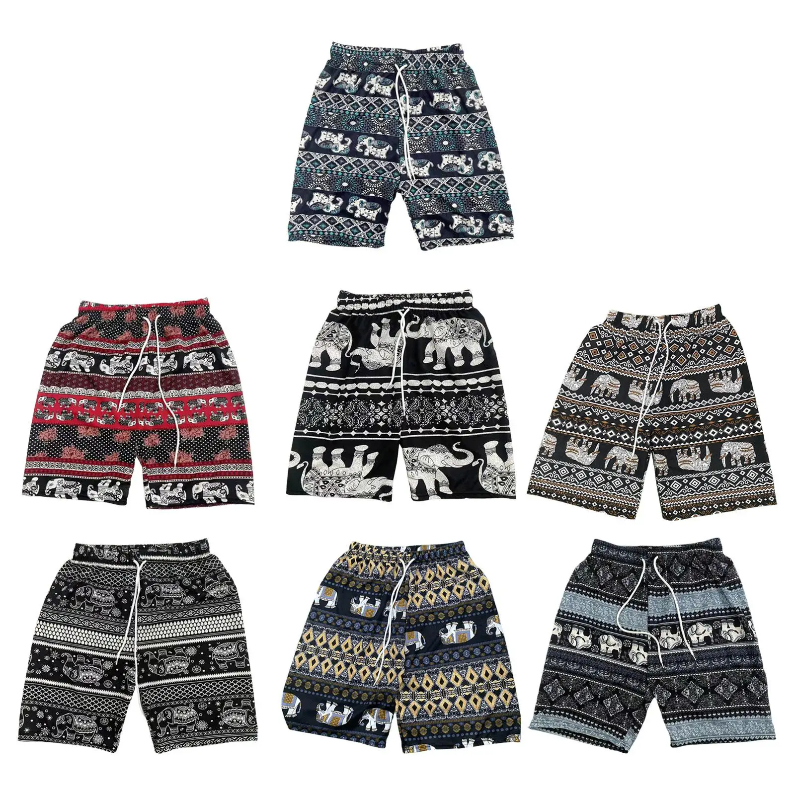 

Beach Shorts for Women Men Summer Boho Festival Elephant Pattern Short Pants Baggy Hippie Bohemian Travel Clothes