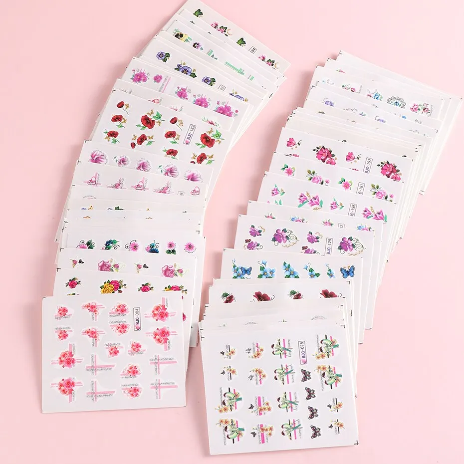 55pcs Flowers Lace Water Nail Stickers Set Glitter Charms Floral Nail Art Transfer Decals Slider Tattoo for Manicure Decorations