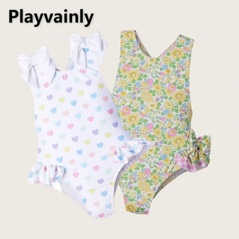 Baby Girls Swimwear Kids Color Love Heart Flower Print Bow Sleeveless Open Back Swimsuit Children Sunscreen Beach Clothes E23267