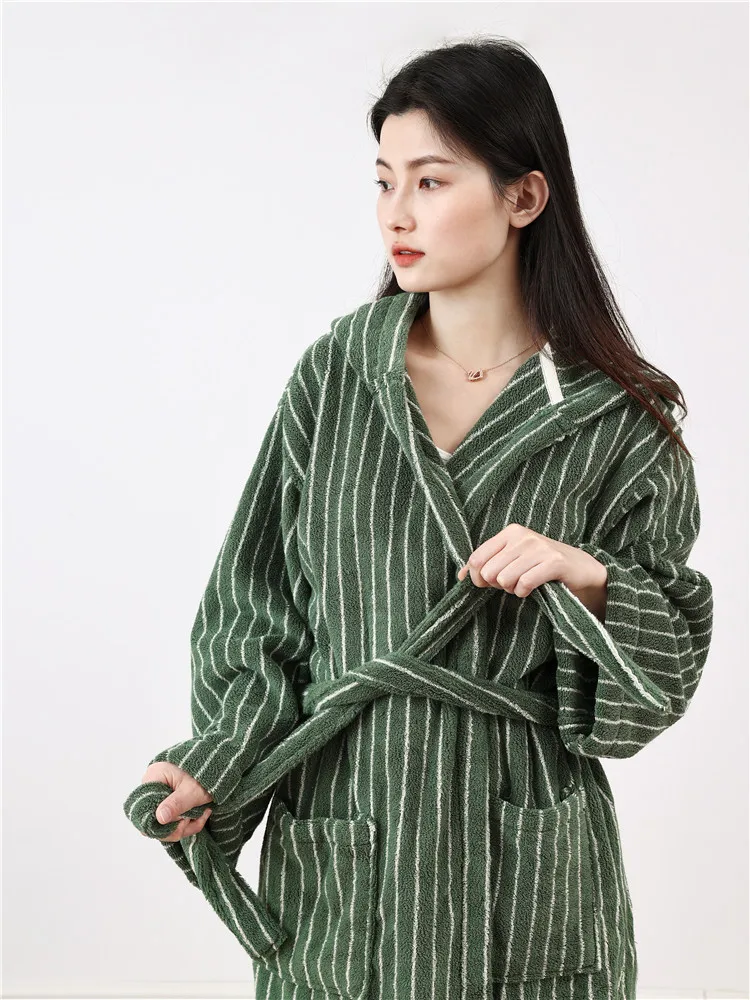 Fashion CottonYarn Striped Bathrobes Soft Cozy Absorbent Bath Towel Robes V Neck Hooded Loose Sleepwear  Adult Bath  Robes