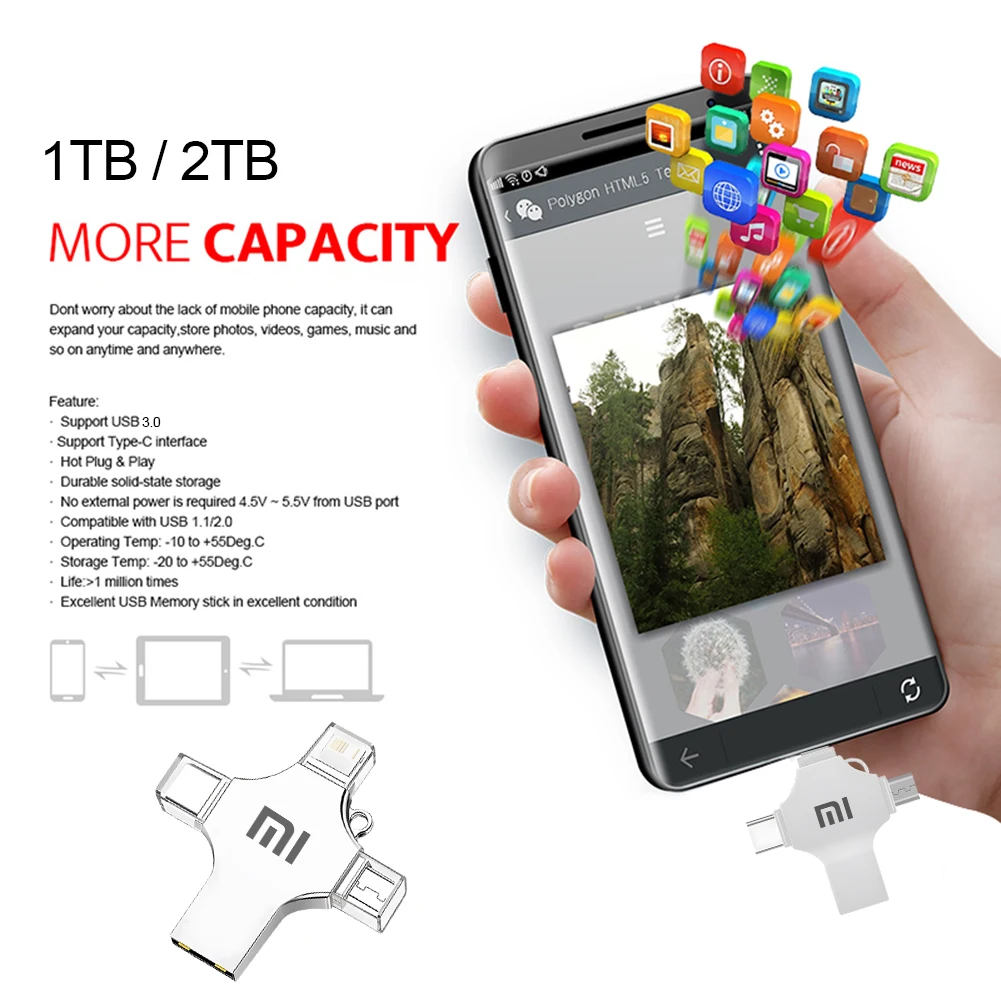 XIAOMI-Type-C OTG USB Flash Drive, Memory Stick para iPhone, Android, PC, Micro USB 3.0 Pendrive, 4 em 1, 2TB, 3.0