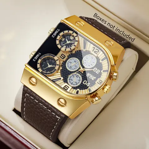 Luxury Decorative Five-eyes Dial Men's Quartz Watch Fashion Square Leather Strap Men Sports Watches Reloj Hombre (Without Box)