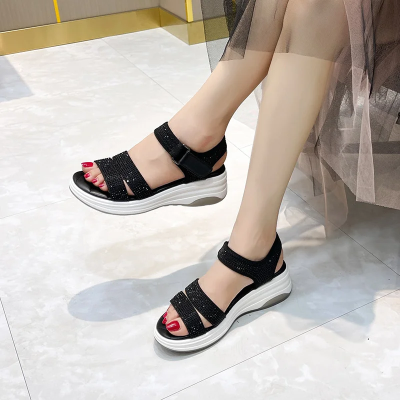 Summer Women Black Sandals Rhinestone Round Toe Hook Sewing Thread Light Luxury Fashion Water Diamond Sport Causal Shoes