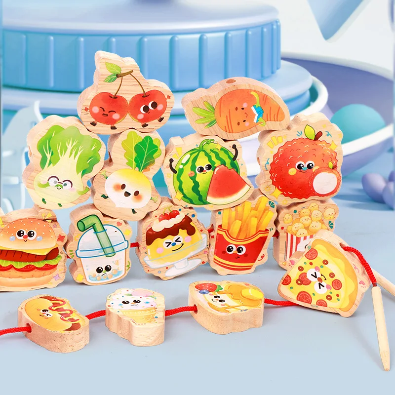 Children's Wooden Beads Vegetable Fruit Food Threading Games Fine Motor Focus Training Teaching Aid Education Toys Gifts