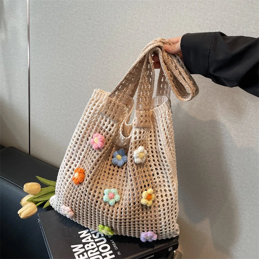 

Hollow Out Flower Thread Woven Bag Beach Handbag Bohemian Style Beach Bag Tote Bag Large Capacity Hollow Shoulder Bag Summer