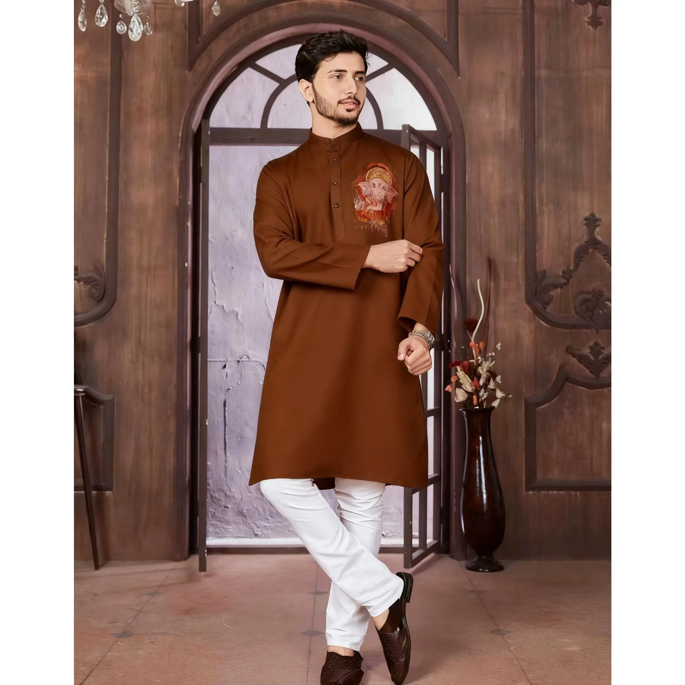 قمصان رجالية إسلامية على الطراز العرقي على الطراز الوطني بياقة واقفة قمصان غير رسمية ضيقة غير منتظمة بحاشية للرجال المغرب دبي #3