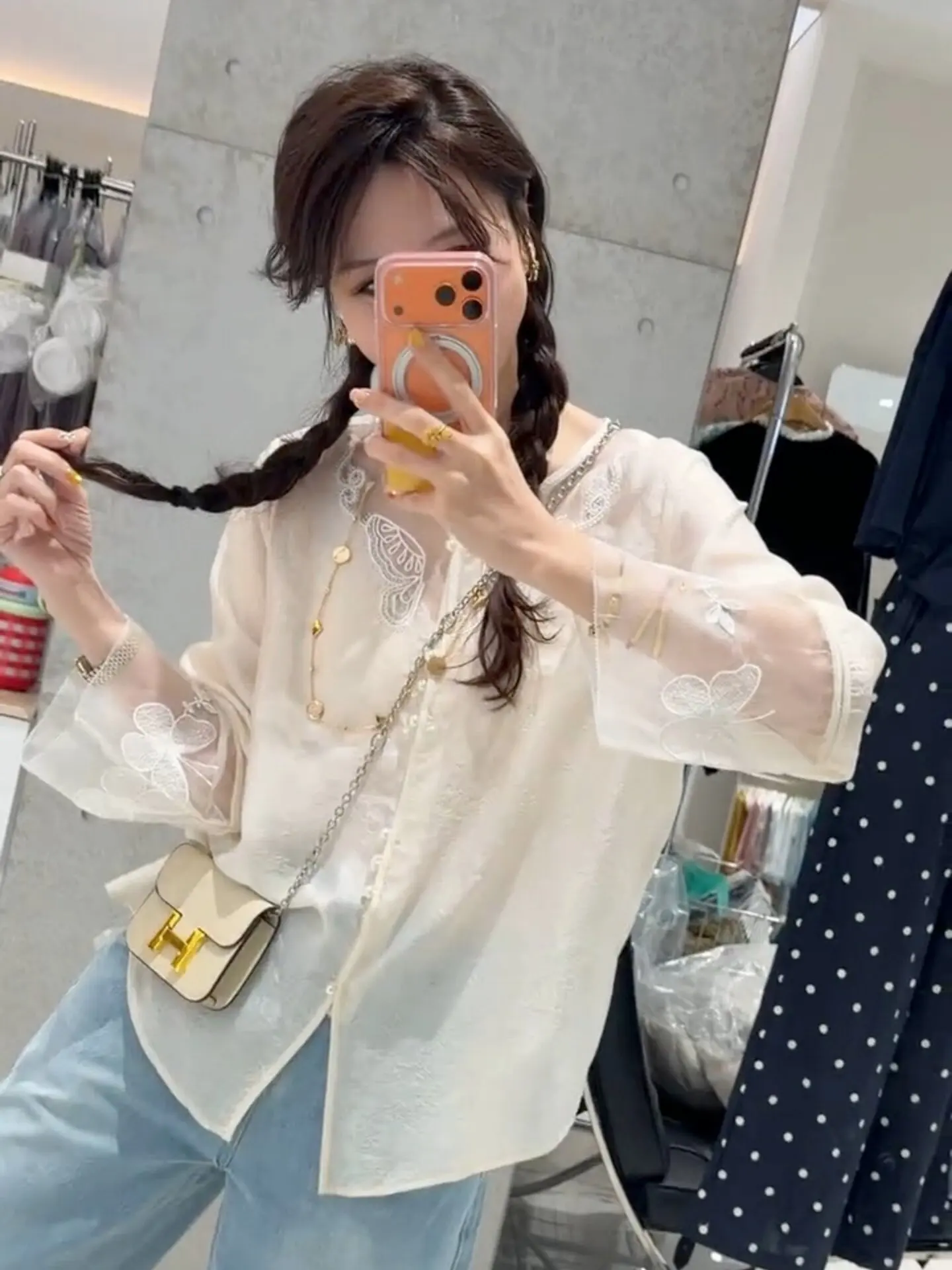 

New Chinese Style Long Sleeve Shirt Women's Thin Summer Casual Loose Slimming Top round Neck Button down Casual Fashion