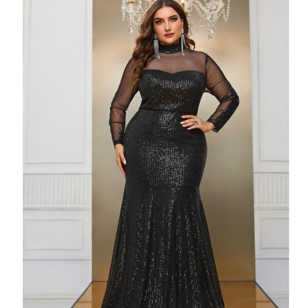 

Party Dresses Women Sequins Lace Splicing Black Elegant Evening Dresses Long Sleeve Large Fashion Lady Banquet Dress 2024 New