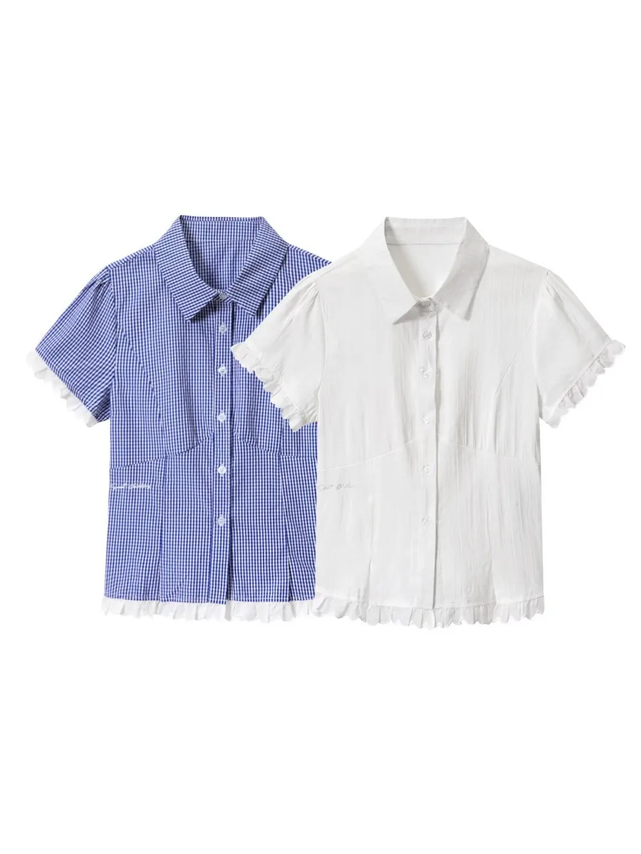 

Новая женская одежда, однобортная повседневная рубашка в клетку с короткими рукавами и кружевной спинкой в стиле французской академии